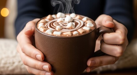 A glass of hot chocolate decorated with a fluffy marshmallow cap in women hands