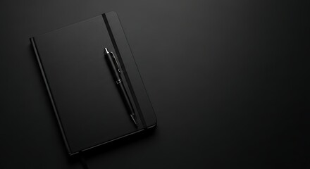 Elegant black notebook with pen on dark background