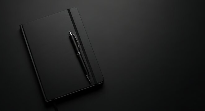 Elegant black notebook with pen on dark background