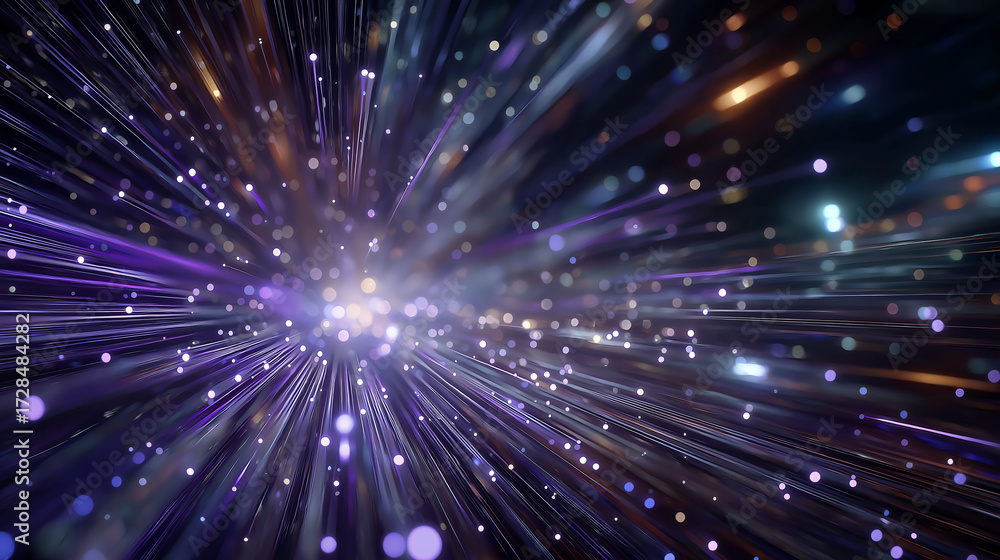 Poster hyperspace tunnel: blurring light ray in tunnel speed. dynamic cosmic explosion with bokeh and glimm