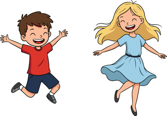 Cartoon children jumping and dancing with happy expressions, colorful outfits, energetic poses, and playful movement on white background for fun themes.