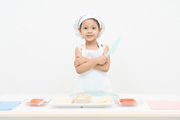 Cute girls are doing cooking activities on the white background.
