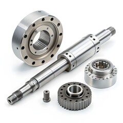 A collection of various metal mechanical components arranged on a white surface in a studio setting