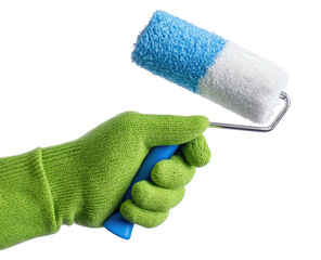Hand in green glove holding paint roller (1)