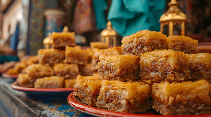 Close-up of baklava pieces arranged in colorful ceramic plates on a Moroccan souk stall. Background with blurred mosaic walls
