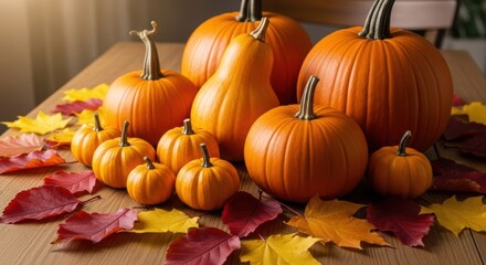 A variety of pumpkins of different sizes, located on a wooden surface surrounded by decorative autumn leaves in red and yellow shades