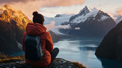 woman sitting at cliff top looking out to snowcap mountain and