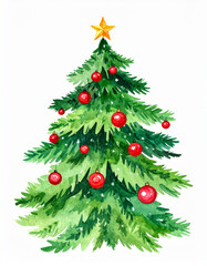 Watercolor painting of festive fir tree isolated on white background. Hand drawn art.