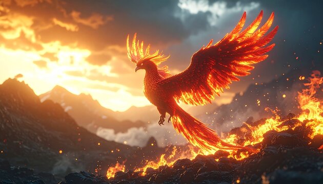 Mystical Phoenix Rising from Ashes in a Dark Volcanic Landscape