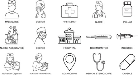 Medical Healthcare Icons Set Line Style Vector Illustration Including Male Nurse Doctor First Aid Kit Nurse Pill Jar Nurse Assistance Hospital Thermometer