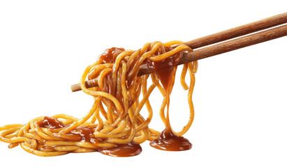Noodles dripping sauce, picked up by chopsticks