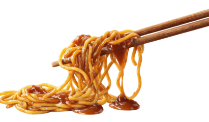 Noodles dripping sauce, picked up by chopsticks
