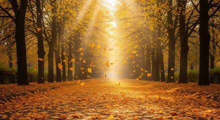A picturesque autumn park with tall rows of trees arching over a pathway, beautifully illuminated by soft, golden sunlight