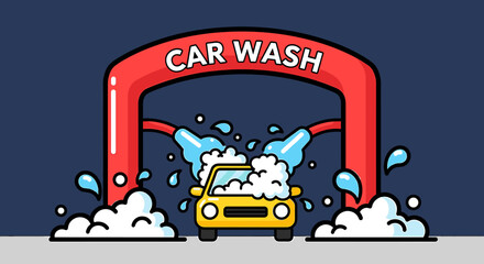 Fototapeta premium A cheerful cartoon illustration depicts a yellow car undergoing a car wash with bubbly foam.
