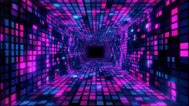Futuristic neon digital tunnel with glowing pink and blue pixel light patterns