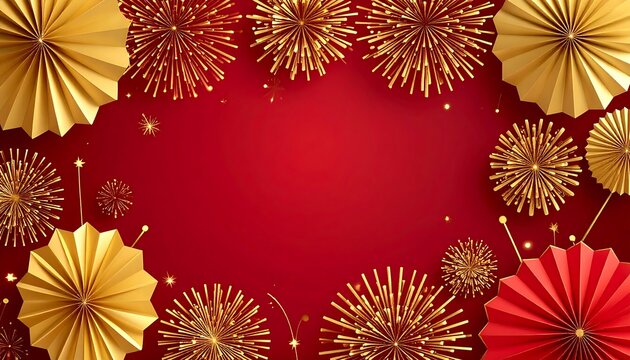 Festive red background framed by gold and red paper fans and fireworks