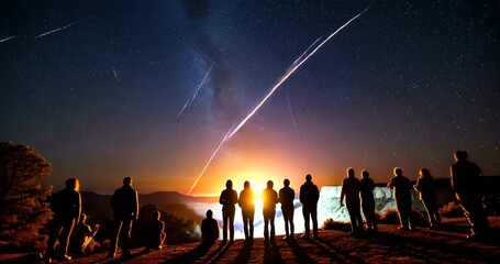 Spectacular Meteor Shower Nightscape: A Group Observes Celestial Fireworks Over Majestic Landscape
