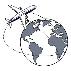 Airplane flying over the earth with dotted line