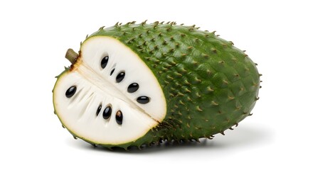 A halved soursop (graviola) fruit with spiky green skin, creamy white flesh, and black seeds, beautifully displayed on a white background, highlighting its tropical flavor and health benefits.

