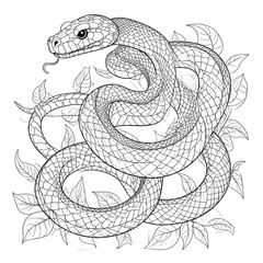 Obraz premium Detailed line drawing of a snake among leaves