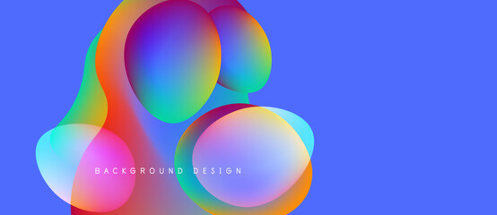 Abstract colorful shapes overlap, creating vibrant visual effect. Blue background enhances dynamic composition, modern design element.