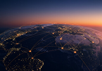 A global network illustration showing glowing connections spanning across continents on planet Earth at dusk, symbolizing international communication and connectivity. © Agus