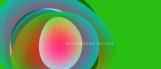Abstract vibrant design features overlapping colorful circles. Bright green background complements flowing shapes, creating dynamic visual effect.