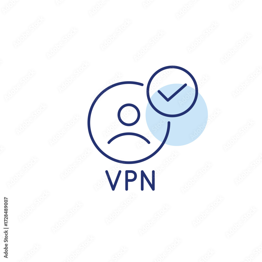 Poster vpn user and checkmark. secure connection, safe internet usage. pixel perfect, editable stroke vecto