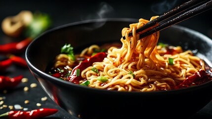 Noodles with chilies and spicy sauce with chopsticks
