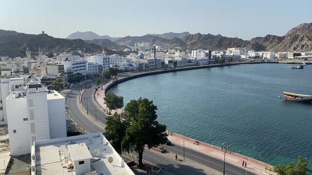 Aerial view of Mutrah Corniche in Muscat, Oman.