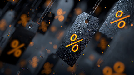 Black discount price tags with glowing orange percentage symbol
