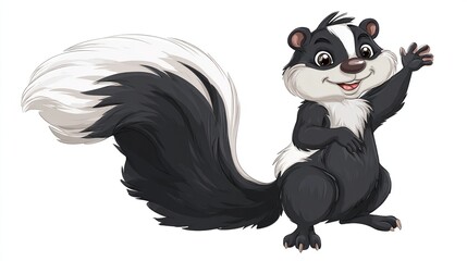 Animated, friendly skunk illustration. It's black and white, waving its paw with a happy expression, tail curled