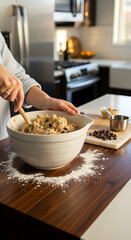 Fototapeta premium A person mixes cookie dough in a white bowl on a wooden countertop in a bright kitchen, with flour dusting the surface.