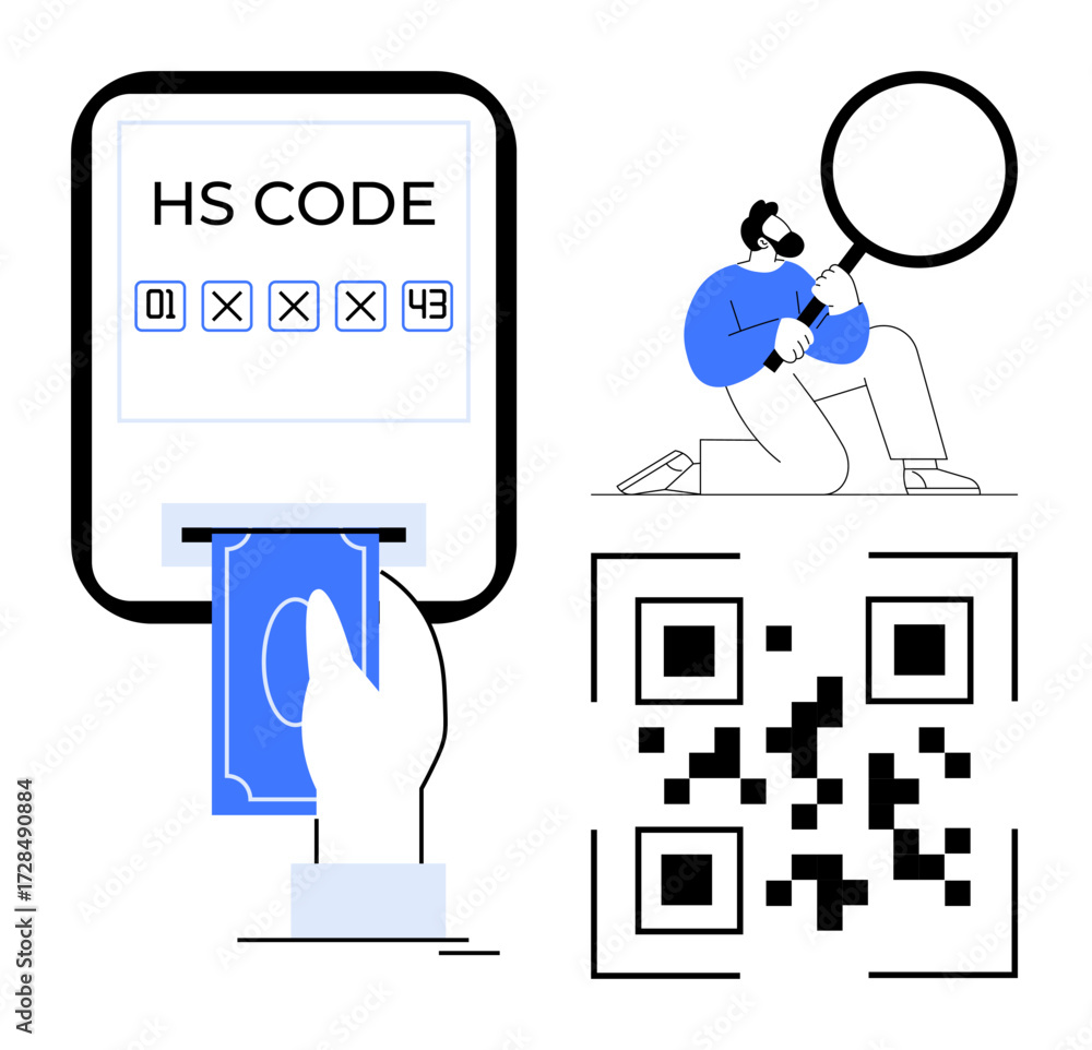 Poster man examines hs code and qr code with magnifying glass. hand inserting cash into payment device. ide