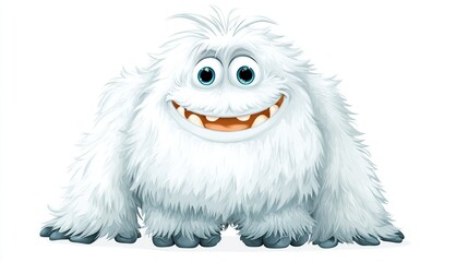 Fluffy, friendly white monster with a wide grin, big blue eyes, and shaggy fur. Standing