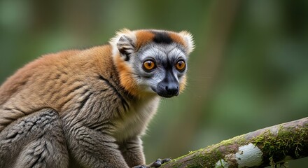Focused Red Ruffed Lemur in Tree Branch.