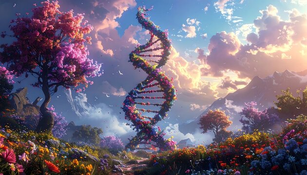 Colorful DNA spiral in a flowery landscape