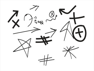 This image is a collection of various hand-drawn symbols and marks on a white background. It features several arrows pointing in different directions, a star, hash symbols, crosses, a checkmark, 
