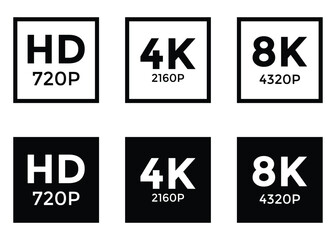 HD 4K 8K Video Format Icons Set – High Definition Display Symbols in Flat and Line Style Vector Illustration 