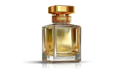 An elegant perfume bottle. Clear glass holds golden liquid; a gold cap & collar, reflected on white