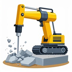 A yellow jackhammer machine breaks concrete into pieces, sitting on a platform with a sandy base.