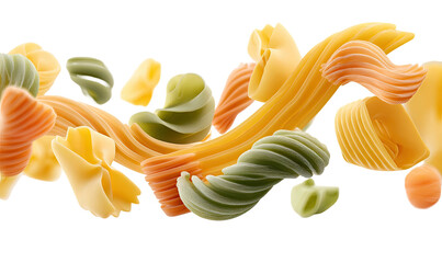 Assorted pasta, various shapes and colors, in motion
