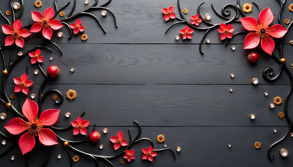 Floral arrangement with red flowers and black branches on a dark wooden background.
