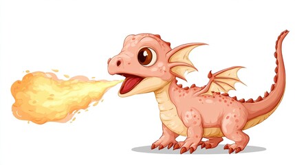 Cartoon pink dragon spewing fire against a white backdrop, playful design