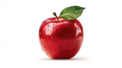 A single, ripe, red fruit with a green leaf and stem, water droplets, on a white background