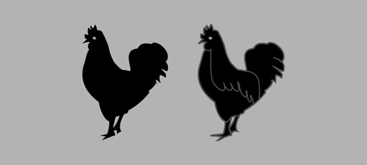 Chicken hen standing. chickens and roosters in various poses against a Grey background.
