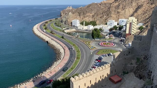 Aerial view of Mutrah Corniche in Muscat, Oman.