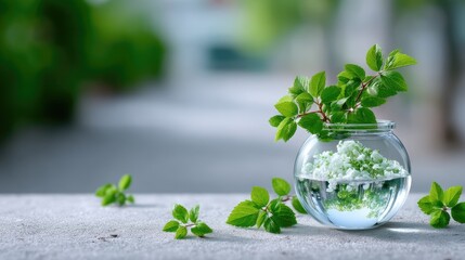Glass Bowl with Green Leaves and Water on Concrete Surface in Soft Focus Nature Background
