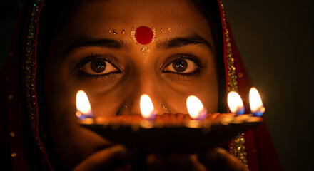 Closeup of a womans face holding a diya with lit candles during a festival celebration
