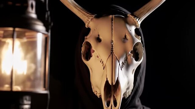 Hooded Figure Wearing a Deer Skull Mask and Holding a Lantern